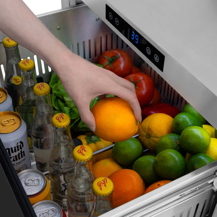 ZLINE Autograph Edition 24" Touchstone 168 Can Outdoor-Rated Dual Refrigerator Drawer, Black Matte Door, Accents  RDSOZ-BLM-24-CB09K
