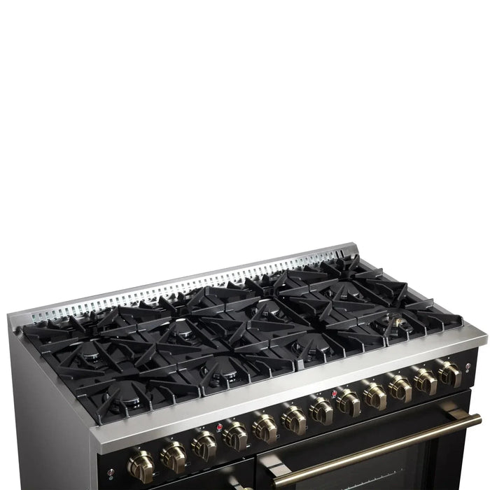 Forno Galiano 48" French Door Dual Fuel Range, 8 Burners, Electric Convection Oven, Black Antique Brass Trim, FFSGS6356-48BLK09K