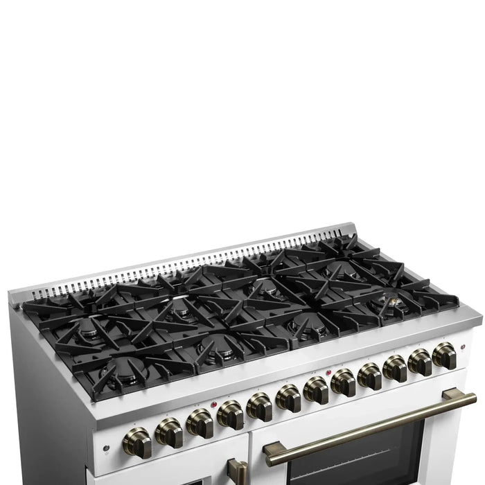 Forno Galiano 48" French Door Dual Fuel Range, 8 Burners, Electric Convection Oven, White Antique Brass Trim, FFSGS6356-48WHT09K