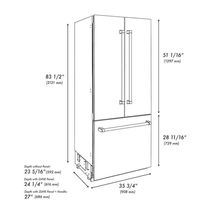 ZLINE 36" Built-In Bottom Freezer Refrigerator with Water Dispenser, Ice Maker, DuraSnow® Stainless Steel, Graphite Gray Interior, Polished Gold GRBIVZ-SN-36-G09K