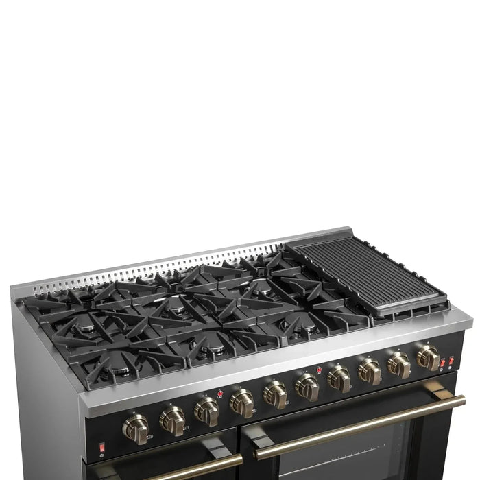 Forno Galiano 48"French Door Freestanding All Gas Range, Black with Antique Brass Trim, FFSGS6444-48BLK09K