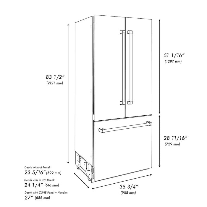 ZLINE 36" Built-In Bottom Freezer Refrigerator with Water Dispenser, Ice Maker, Stainless Steel, Graphite Gray Interior, Polished Gold GRBIVZ-304-36G09K