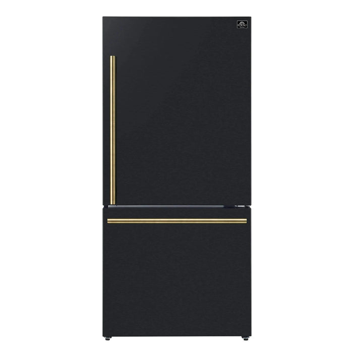 Forno Espresso Package - 30" Electric Range, Range Hood and Refrigerator in Black with Silver Handles FBDL-001-02US09K