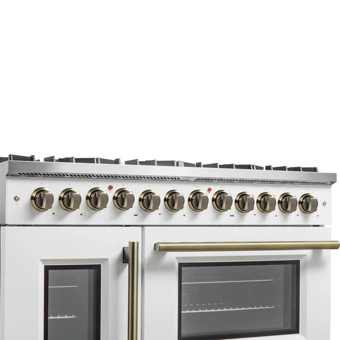 Forno Galiano 48" French Door Dual Fuel Range, 8 Burners, Electric Convection Oven, White Antique Brass Trim, FFSGS6356-48WHT09K