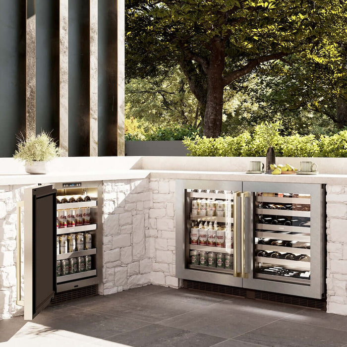 ZLINE 24" Touchstone 151 Can Beverage Fridge DuraSnow® Stainless Steel Glass Door And Champagne Bronze Handle RBSOZ-SN-24-CB09K