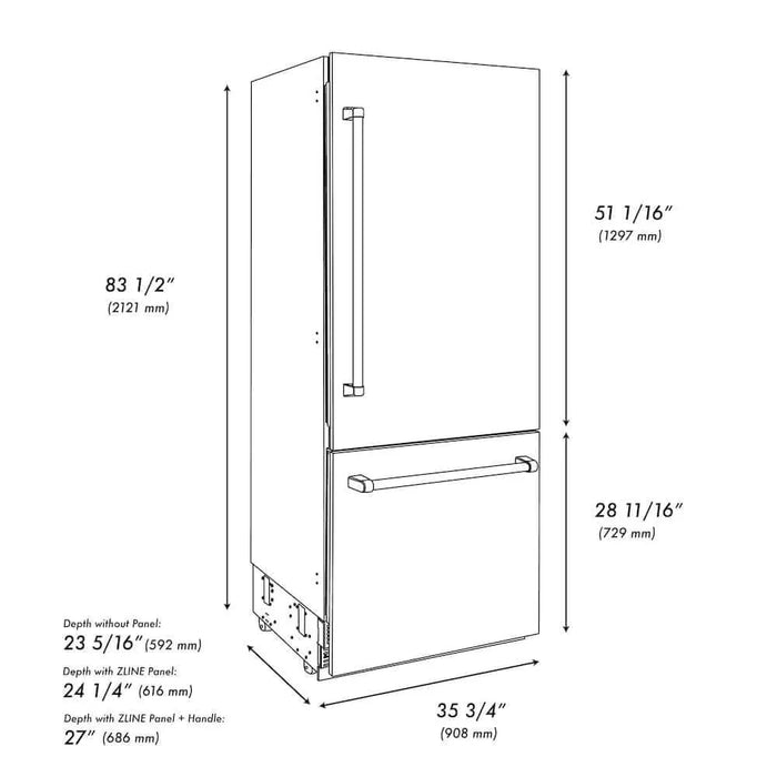 ZLINE 36" Built-In Bottom Freezer Refrigerator,Water Dispenser, Ice Maker, DuraSnow® Stainless Steel RBIT-SN-3609K