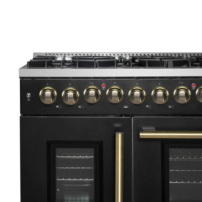 Forno Galiano 48" French Door Dual Fuel Range, 8 Burners, Electric Convection Oven, Black Antique Brass Trim, FFSGS6356-48BLK09K