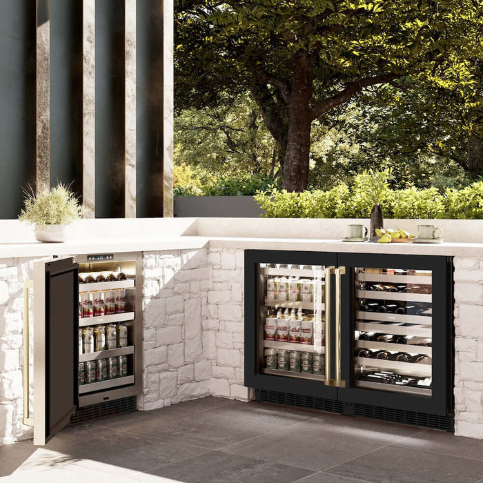 ZLINE 24" Touchstone Dual Zone 44 Bottle Wine Cooler Black Matte Glass Door Champagne Bronze Handle RWDOZ-BLM-24-CB09K
