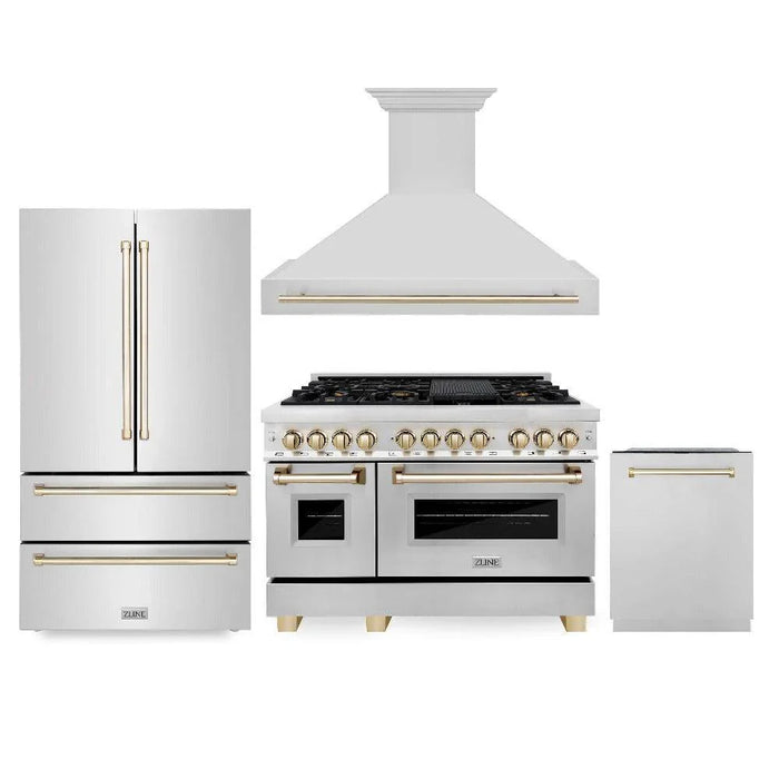 ZLINE Autograph Edition 48"Kitchen Package, Stainless Steel Dual Fuel Range, Range Hood, Dishwasher and Refrigeration, 4KAPR-RARHDWM48-G09K