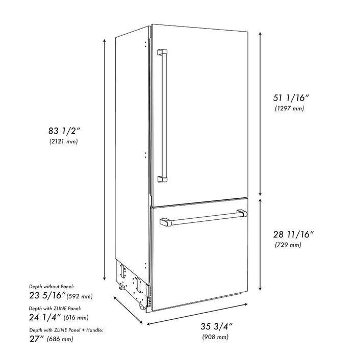 ZLINE Autograph Edition 36" Built-In Bottom Freezer Refrigerator, Water Dispenser, Ice Maker, Stainless Steel, Graphite Gray Interior,Helix Handles GRBITZ-30436KCB09K