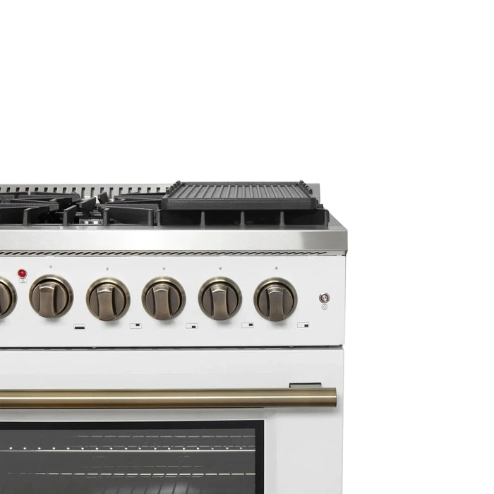 Forno Galiano 48" French Door Dual Fuel Range, 8 Burners, Electric Convection Oven, White Antique Brass Trim, FFSGS6356-48WHT09K