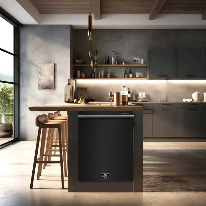 Forno Espresso Package - 30" Electric Range, Range Hood, Refrigerator and Dishwasher in Black with Silver Handles, FBDL-006-02US09K