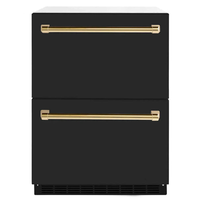 ZLINE Autograph Edition 24" Touchstone 168 Can Outdoor-Rated Dual Refrigerator Drawer, Black Matte Door, Accents  RDSOZ-BLM-24-CB09K