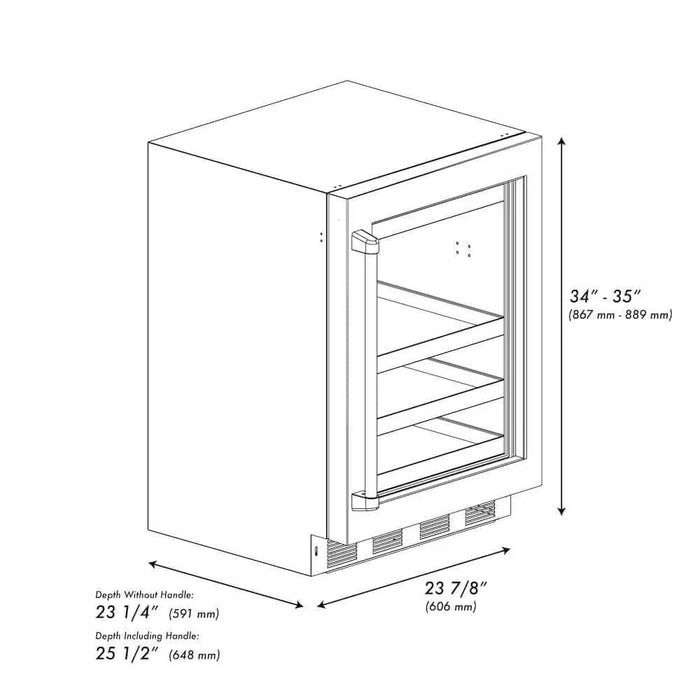 ZLINE 24" Touchstone 151 Can Beverage Fridge DuraSnow® Stainless Steel Glass Door Matte Black Handle RBSOZ-SN-24-MB09K