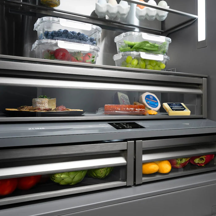 ZLINE Autograph Edition 36" French Door Built-In Bottom Freezer Refrigerator, Water Dispenser, Ice Maker, Stainless Steel, Graphite Gray Interior, Helix Handles GRBIVZ-30436KCB09K