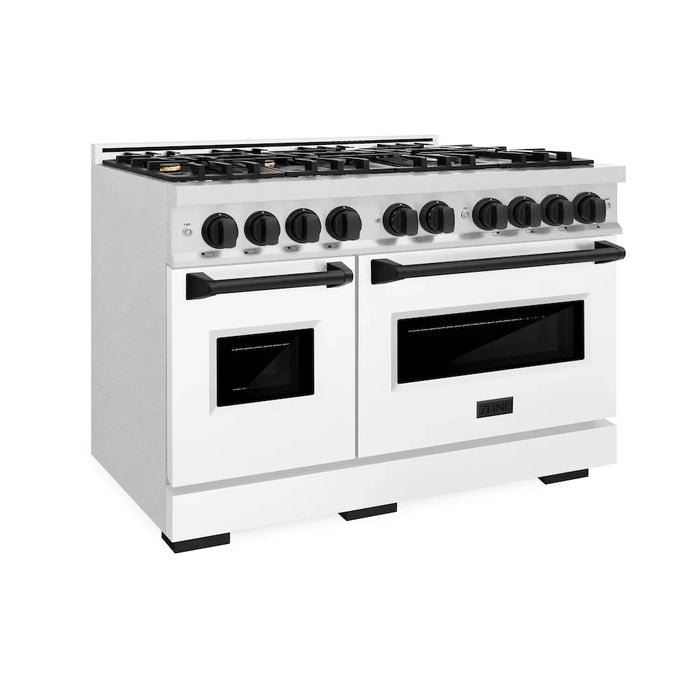 ZLINE 48" Classic Double Oven Dual Fuel Range, 8 Burner Gas Cooktop, Satin Stainless Steel, White Matte Doors, Accents CDRSZ-WM-48-CB09K