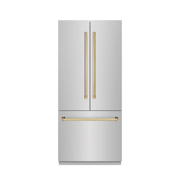 ZLINE 36" French Door Built-In Bottom Freezer Refrigerator, Water Dispenser, Ice Maker, Satin Stainless Steel, Accents SRBIVZ-SN-36-CB09K