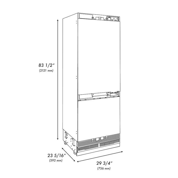 ZLINE Autograph Edition 30" Panel Ready Built-In Bottom Freezer Refrigerator, Water Dispenser, Ice Maker, Accents RBIVZ-30-CB09K