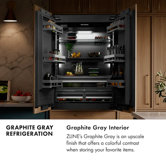 ZLINE Autograph Edition 30" Built-In Bottom Freezer Refrigerator, Water Dispenser, Ice Maker, Stainless Steel, Graphite Gray Interior,Helix Handles GRBIVZ-30430KCB09K