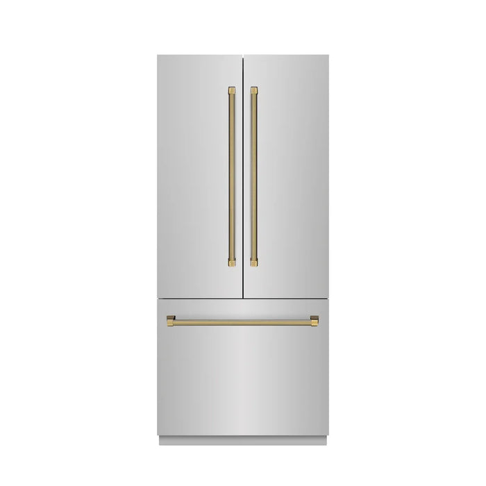 ZLINE Autograph Edition 36" French Door Built-In Bottom Freezer Refrigerator, Water Dispenser, Ice Maker, Stainless Steel, Stainless Steel Interior, Helix Handles SRBIVZ-30436KCB09K