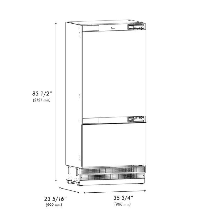 ZLINE 36" Panel Ready Built-In Bottom Freezer Refrigerator,Water Dispenser, Ice Maker, RBIT-3609K