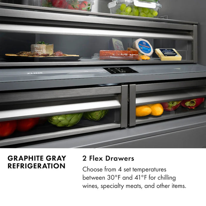 ZLINE Autograph Edition 36" French Door Built-In Bottom Freezer Refrigerator, Water Dispenser, Ice Maker, Stainless Steel, Graphite Gray Interior, Helix Handles GRBIVZ-30436KCB09K