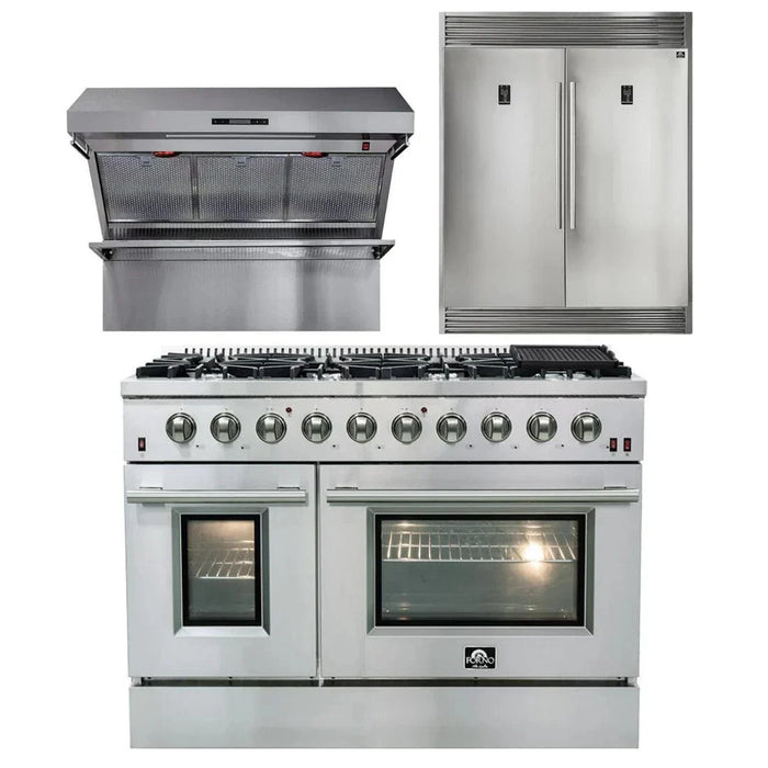 Forno Appliance Package - 48" Gas Range, Wall Mount Range Hood, 60" Refrigerator FBDL-018-02US09K