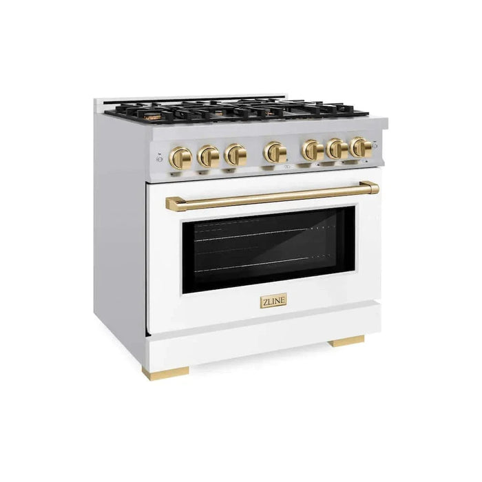 ZLINE 36"" Select Dual Fuel Range Gas Cooktop Electric Convection Oven Stainless Steel White Matte Doors Polished Gold HDRZ-WM-36-G09K