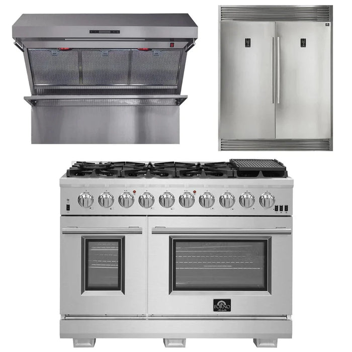Forno Appliance Package - 48 Inch Pro Gas Range, Wall Mount Range Hood, Refrigerator FBDL-019-05US09K