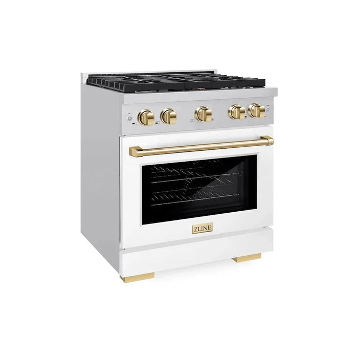 ZLINE 30"Gas Range, Convection Oven White Matte, Polished Gold, SGRZ-WM-30-G09K