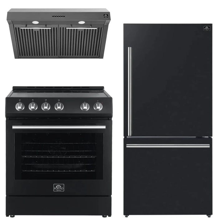 Forno Espresso Package - 30" Electric Range, Range Hood and Refrigerator in Black with Silver Handles FBDL-001-02US09K