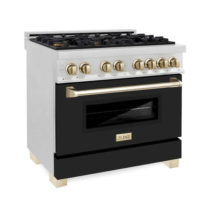 ZLINE 36" Autograph, Dual Fuel Range, Black Door, Gold, RASZ-BLM-36-G09K