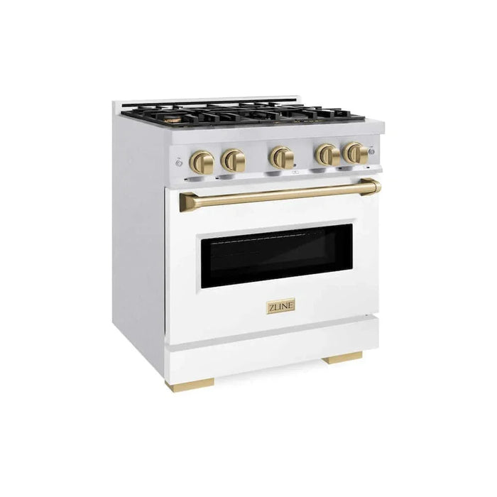 ZLINE 30" Dual Fuel Range, Gas Cooktop, Electric Convection Oven DuraSnow® Stainless Steel, White Matte Door, Champagne Bronze CDRSZ-WM-30-CB09K