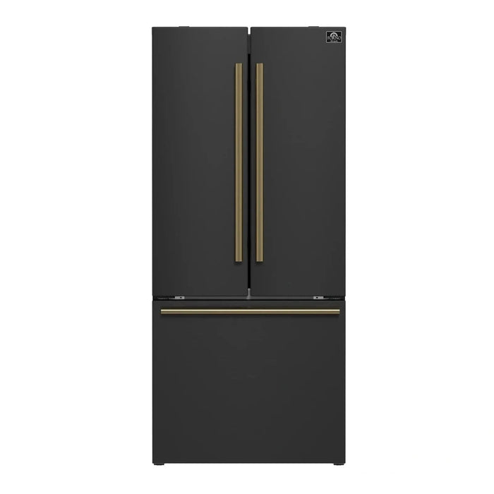 Forno Espresso Gallipoli 30"Door Refrigerator, Ice Maker in Black, Antique Brass Handle FFFFD1974-31BLK09K