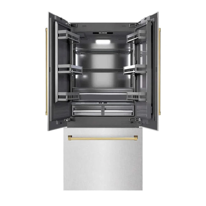 ZLINE 36" Built-In Bottom Freezer Refrigerator with Water Dispenser, Ice Maker, DuraSnow® Stainless Steel, Graphite Gray Interior, Polished Gold GRBIVZ-SN-36-G09K