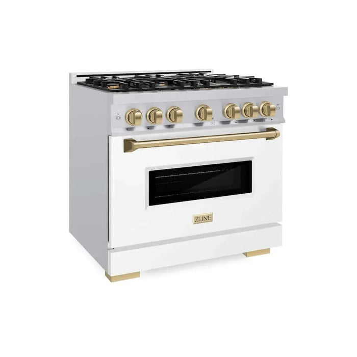 ZLINE 36" Dual Fuel Range, Gas Cooktop, Electric Convection Oven Stainless Steel, Matte White Door Champagne Bronze CDRZ-WM-36-CB09K