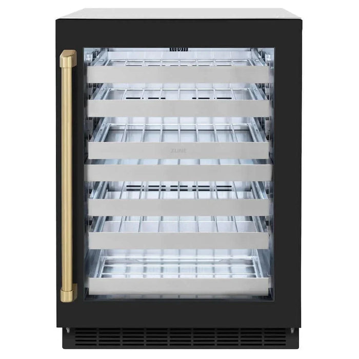 ZLINE 24" Touchstone Dual Zone 44 Bottle Wine Cooler Black Matte Glass Door Champagne Bronze Handle RWDOZ-BLM-24-CB09K