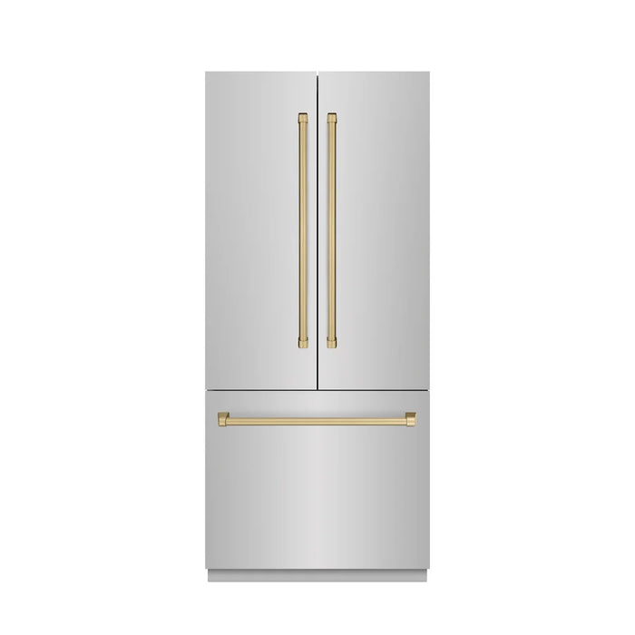 ZLINE 36" French Door Built-In Bottom Freezer Refrigerator, Water Dispenser, Ice Maker, Satin Stainless Steel, Accents SRBIVZ-SN-36-CB09K