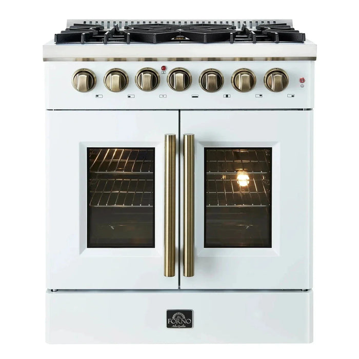 Forno Galiano 30"French Door Dual Fuel Range 5 Gas Burners, Electric Convection Oven White, Antique Brass Trim, FFSGS6356-30WHT09K