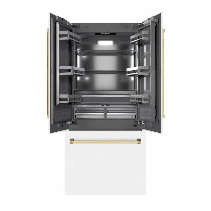 ZLINE 36" Built-In Bottom Freezer Refrigerator with Water Dispenser, Ice Maker, White Matte, Graphite Gray Interior, Polsihed Gold GRBIVZ-WM-36-G09K