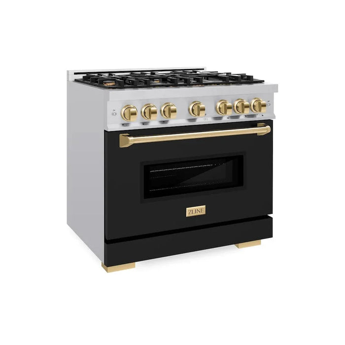 ZLINE 36" Dual Fuel Range, Gas Cooktop, Electric Convection Oven Stainless Steel, Black Matte Door Polished Gold CDRZ-BLM-36-G09K