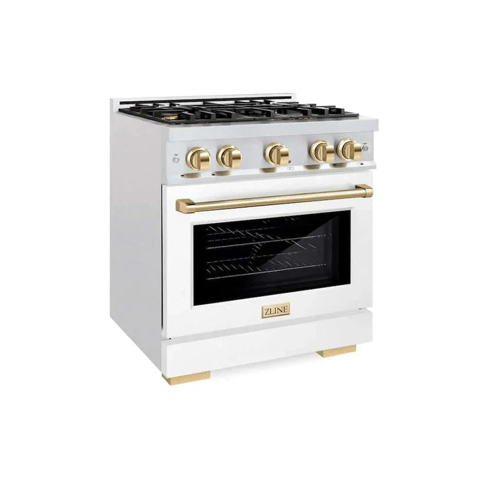 ZLINE 30" Select Gas Range Convection Gas Oven DuraSnow® Stainless Steel White Matte Door Polished Gold HGRSZ-WM-30-G09K