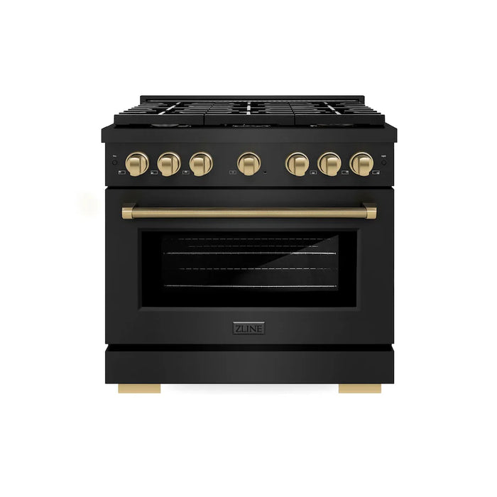 ZLINE Autograph Edition 36" Paramount Dual Fuel Range, 6 Burner Gas Cooktop, Electric Convection Oven, Black Stainless Steel, Helix Handle and Knob SDRBZ-36-KCB09K