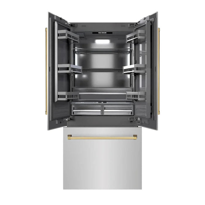 ZLINE 36" Built-In Bottom Freezer Refrigerator with Water Dispenser, Ice Maker, Stainless Steel, Graphite Gray Interior, Polished Gold GRBIVZ-304-36G09K