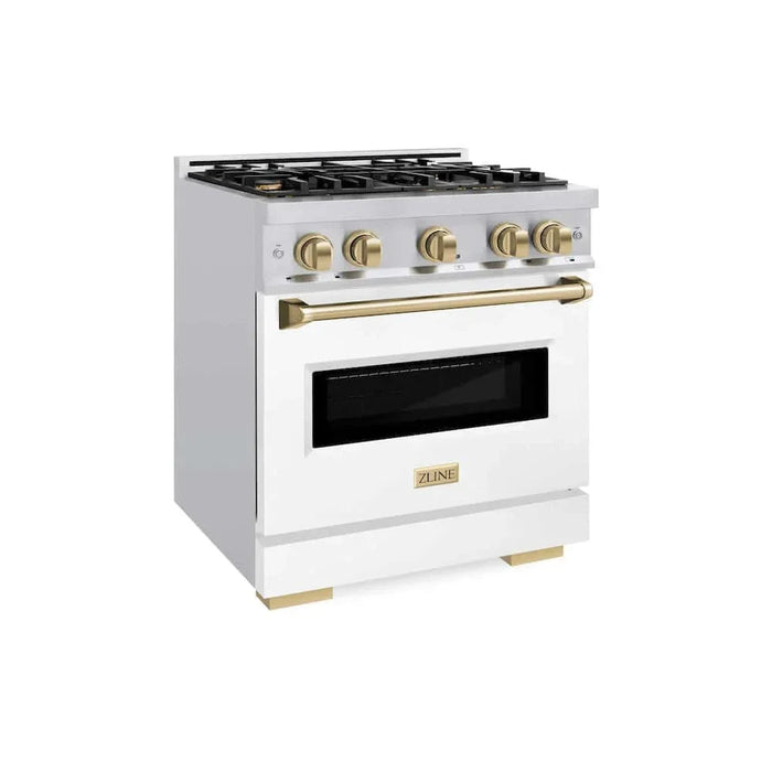 ZLINE 30" Dual Fuel Range, Gas Cooktop, Electric Convection Oven Stainless Steel, White Matte Champagne Bronze CDRZ-WM-30-CB09K