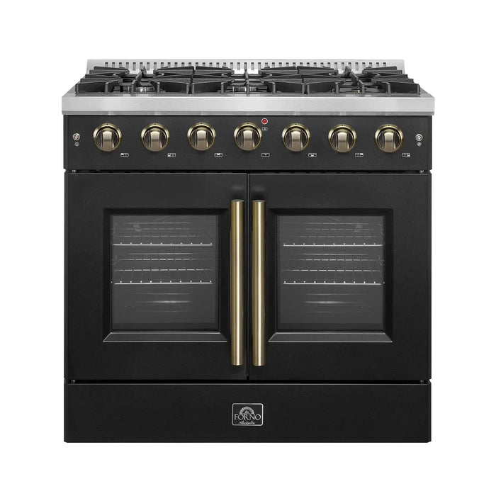 Forno Galiano 36." French Door All Gas Range, Black, Antique Brass Trim,FFSGS6444-36BLK09K