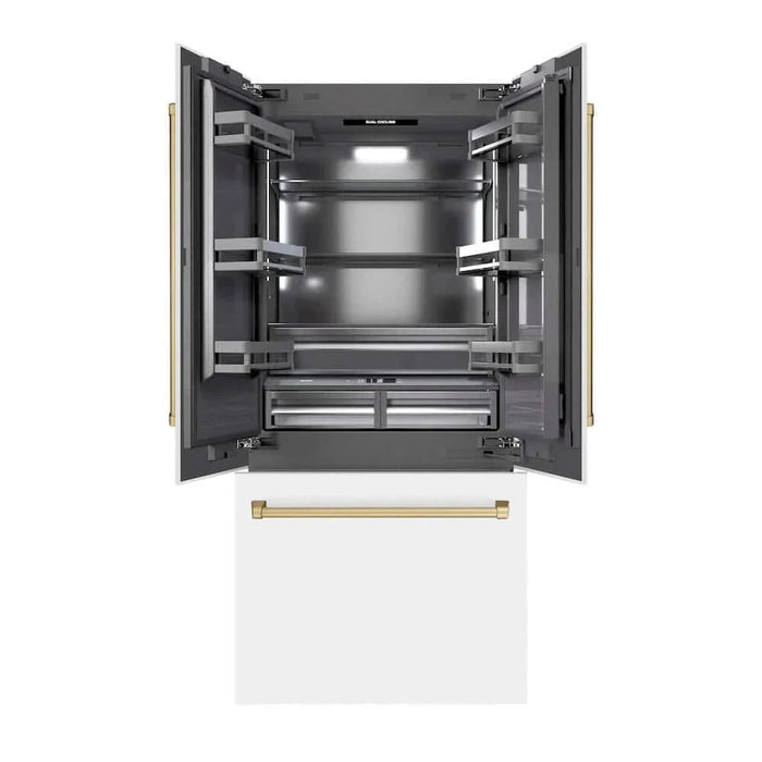 ZLINE 36" Built-In Bottom Freezer Refrigerator with Water Dispenser, Ice Maker, White Matte, Graphite Gray Interior, Champagne Bronze GRBIVZ-WM-36-CB09K