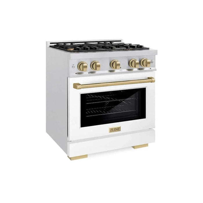 ZLINE 30" Select Gas Range Convection Gas Oven DuraSnow® Stainless Steel White Matte Door Champagne Bronze HGRSZ-WM-30-CB09K