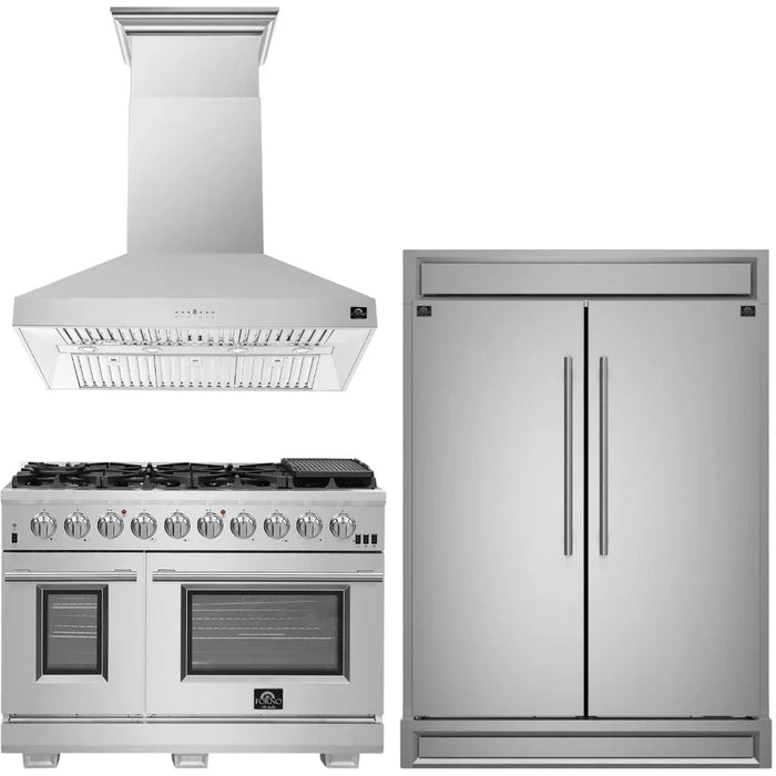 Forno Appliance Package - 48" Gas Range, Wall Mount Range Hood, 60" Refrigerator with Modern Grill Trim FBDL-019-07CAUS09K