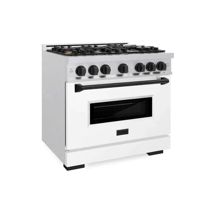 ZLINE 36" Dual Fuel Range, Gas Cooktop, Electric Convection Oven DuraSnow® Stainless Steel, White Matte Door Matte Black CDRSZ-WM-36-MB09K